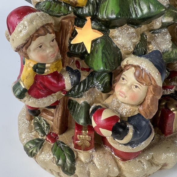 Vtg Opulence Lighted Christmas Tree Ceramic Santa Children Village Lit Stars 10” - Picture 8 of 16